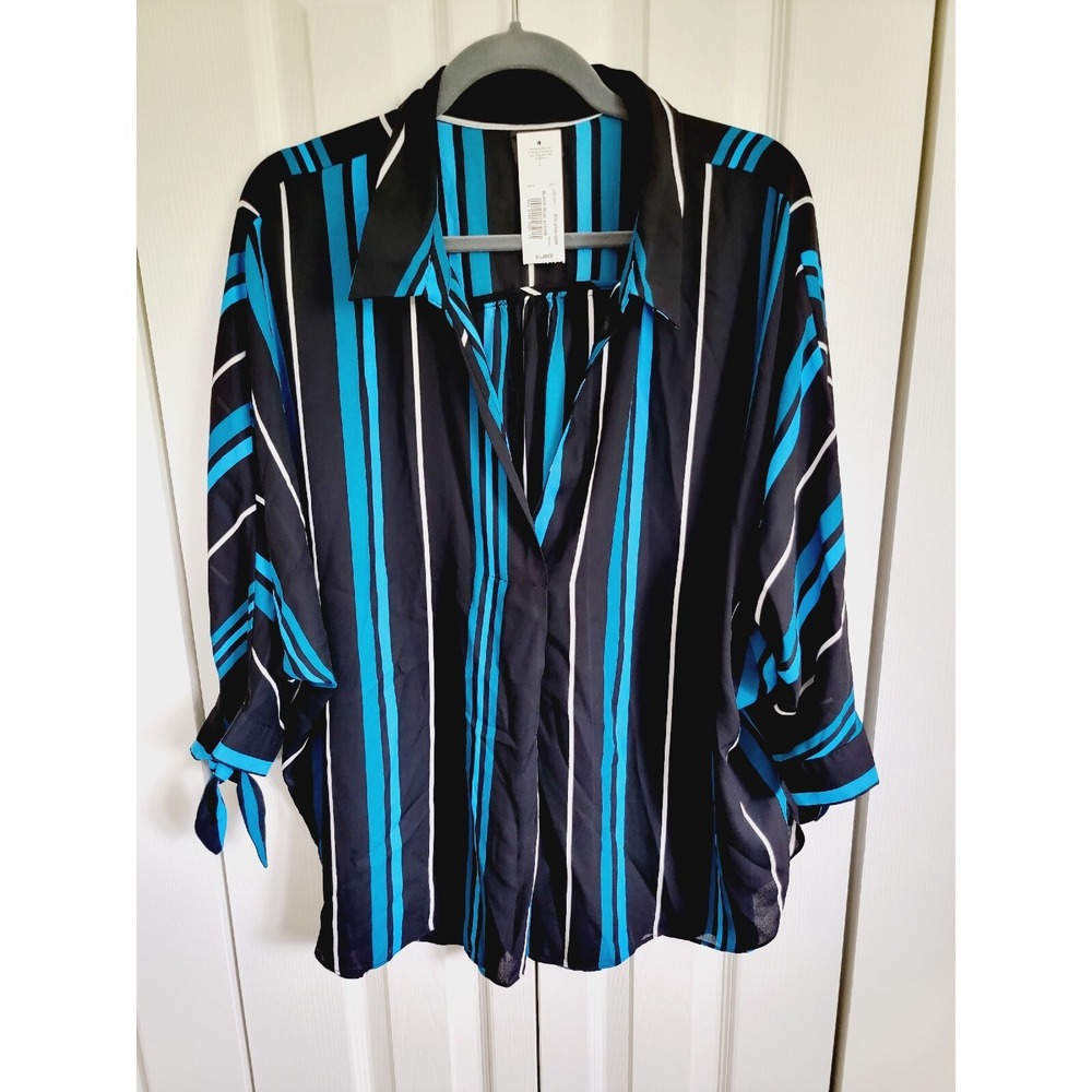 Worthington XL Blue Black Striped Blouse 3/4 Tie Sleeve Side‎ Slits NWT